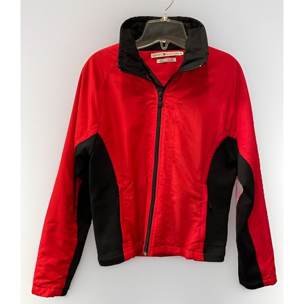 Vintage 1990's Tommy Hilfiger Red Black Full Zip Womens Size Medium Biker Jacket